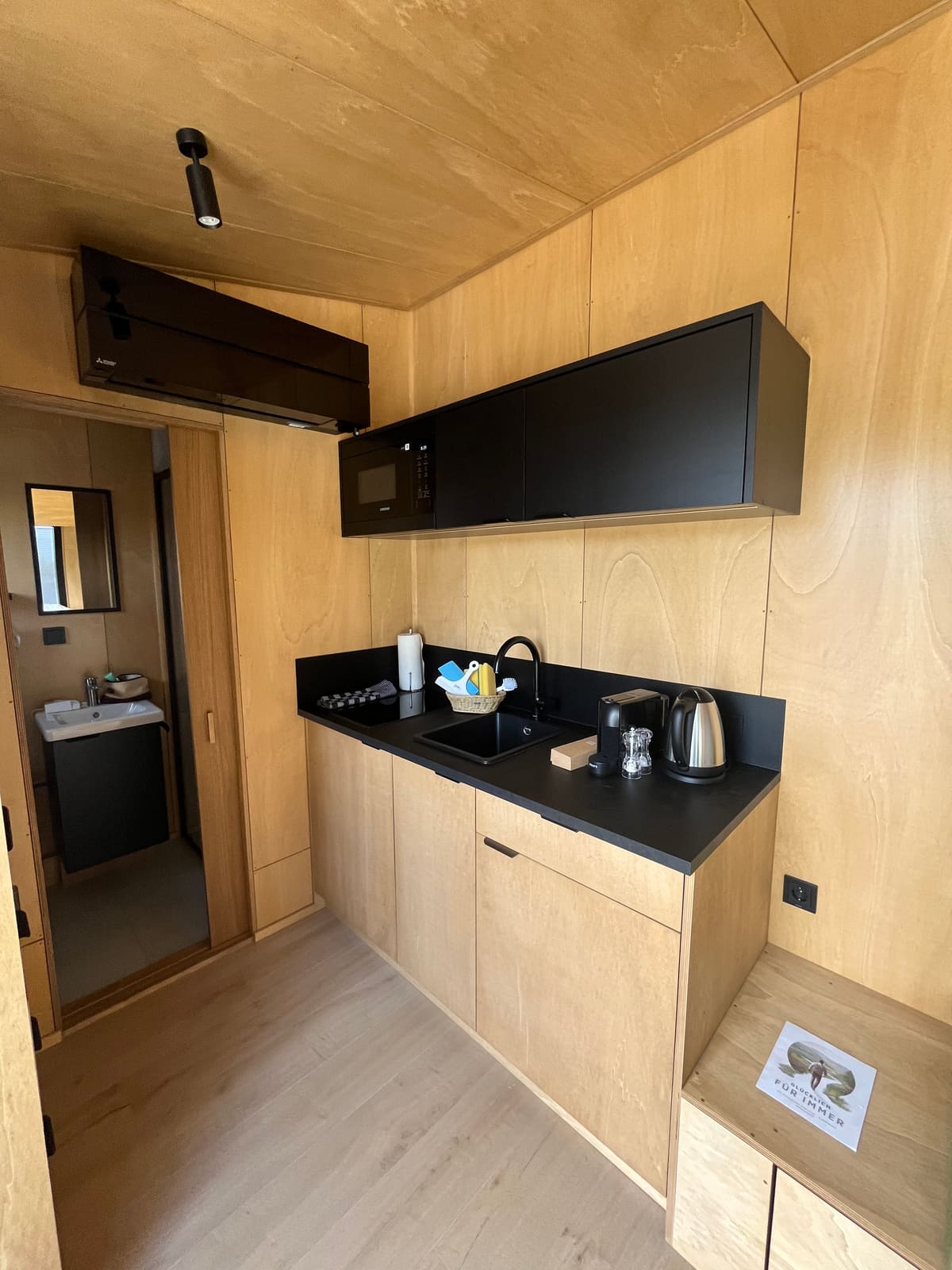 Birch plywood kitchenette with a view into the bathroom